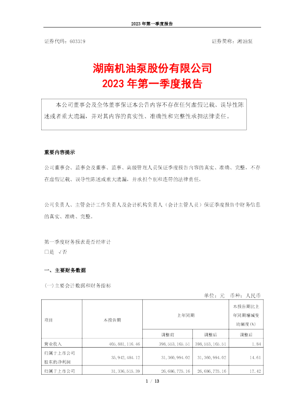 湘油泵：2023年第一季度报告