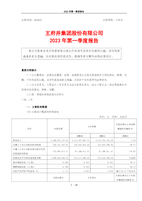王府井：王府井2023年第一季度报告
