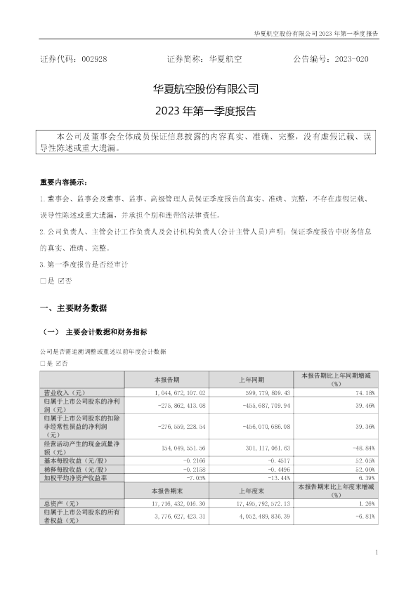华夏航空：2023年一季度报告