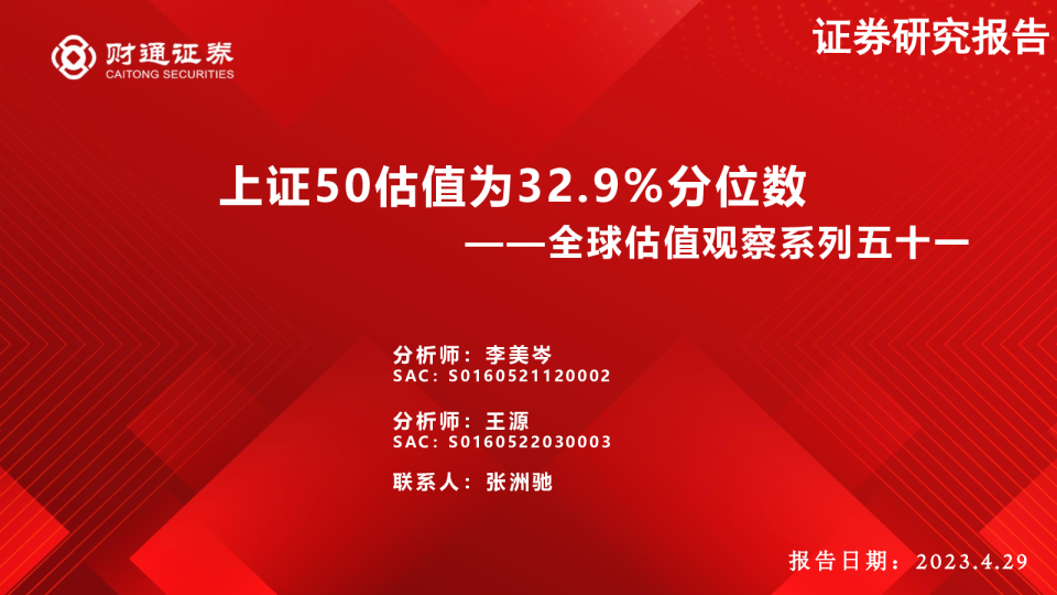 全球估值观察系列五十一：上证50估值为32.9%分位数