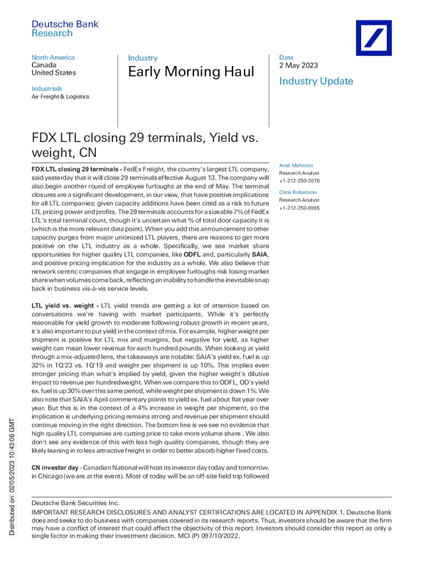 清晨运输FDX LTL关闭29个终端，收益与