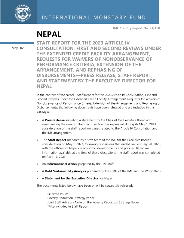 尼泊尔：2023年第四条磋商、延长信贷安排下的第一次和第二次审查、豁免不遵守绩效标准、延长安排和分阶段付款的请求的工作人员报告-新闻稿;员工报告;以及尼泊尔执行主任的发言