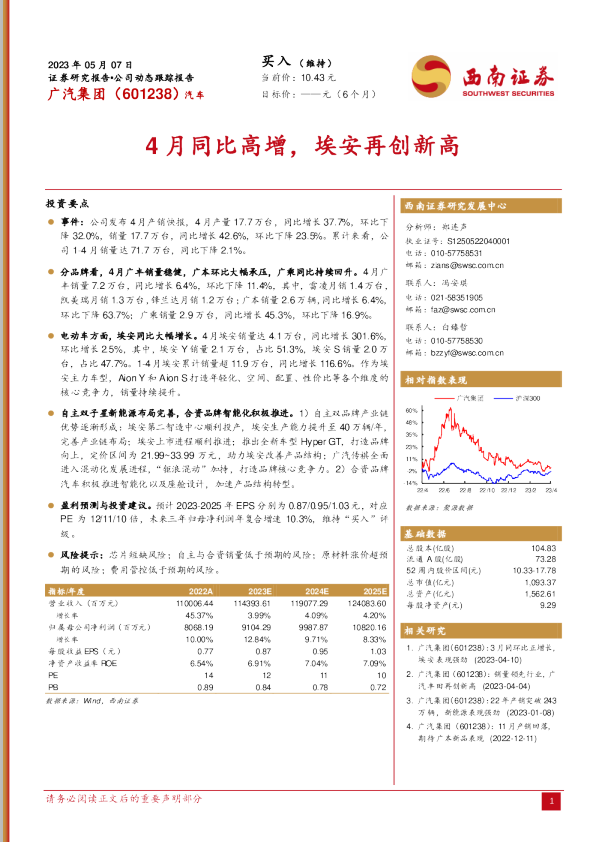 4月同比高增，埃安表现强劲