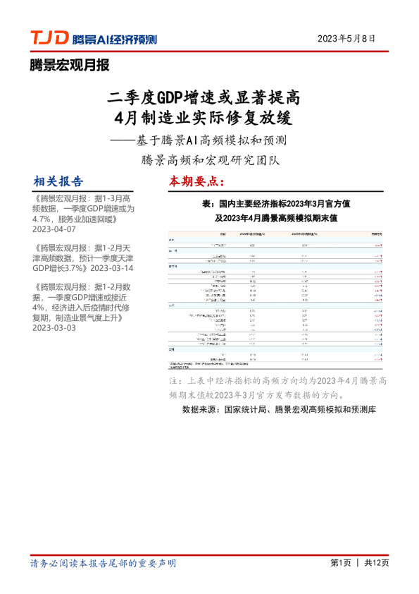 宏观月报：二季度GDP增速或显著提高，4月制造业实际修复放缓