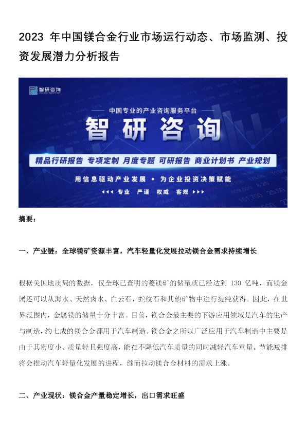 2023年中国镁合金行业市场运行动态、市场监测、投资发展潜力分析报告