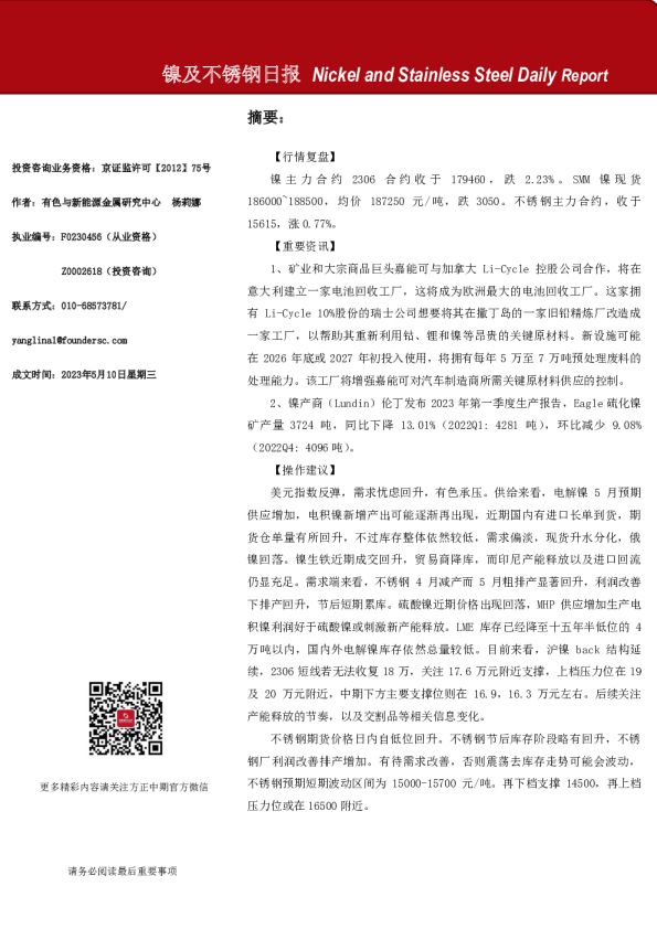 镍及不锈钢日报