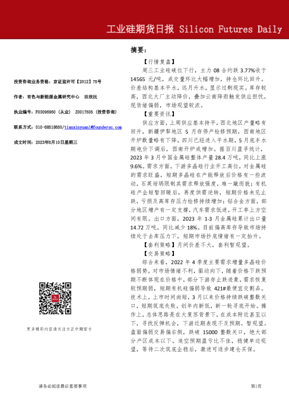 工业硅期货日报