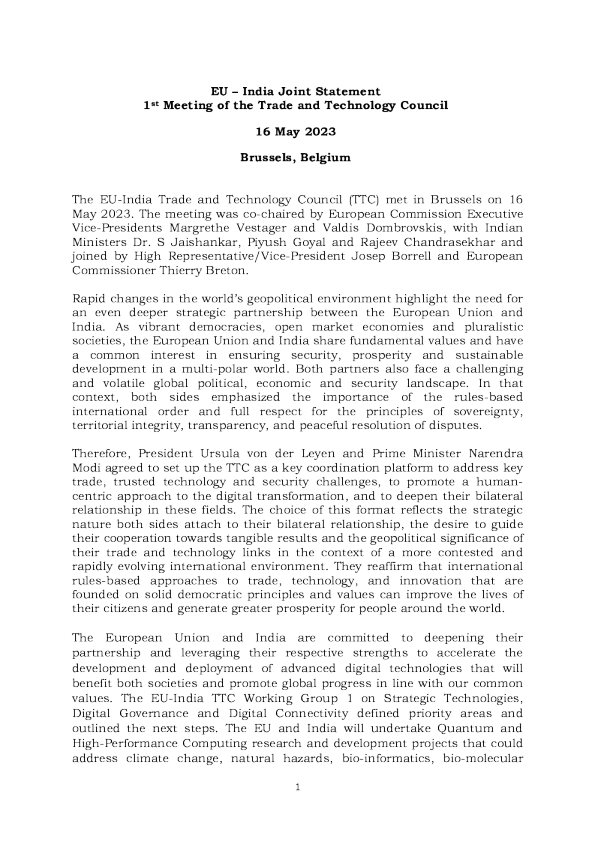 欧盟 - 印度 TTC 联合声明
