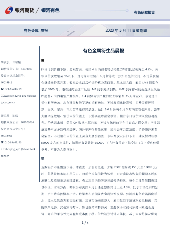 有色金属衍生品晨报