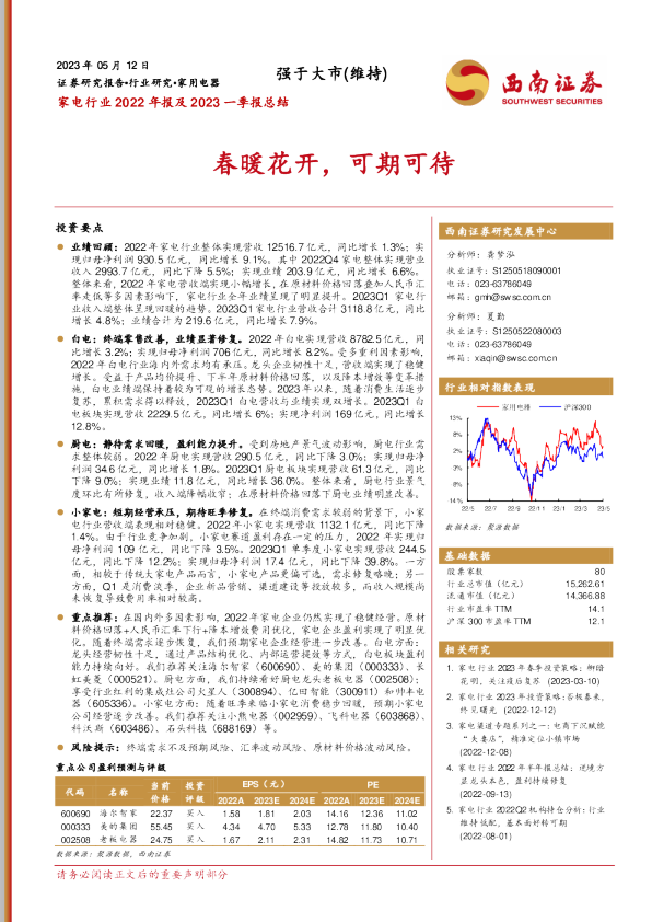 家电行业2022年报及2023一季报总结：春暖花开，可期可待