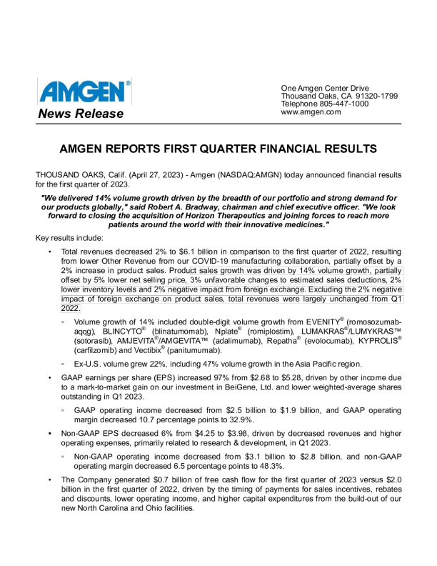 安进公布第一季度财务业绩