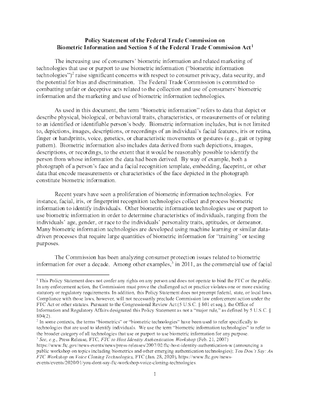 美国FTC发布关于生物识别信息的政策声明