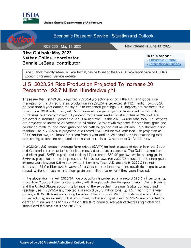 USDA 大米展望 2023.5. 16