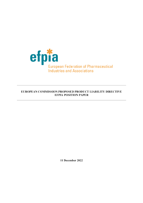 欧盟委员会建议产品责任指导 EFPIA 位置文件