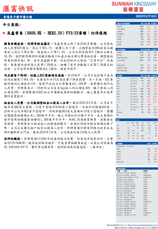 汇富快讯：香港及中国市场日报