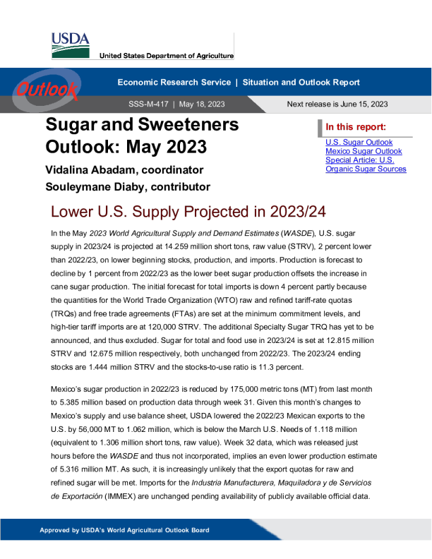 美国农业部糖和甜味剂展望 2023.5. 18