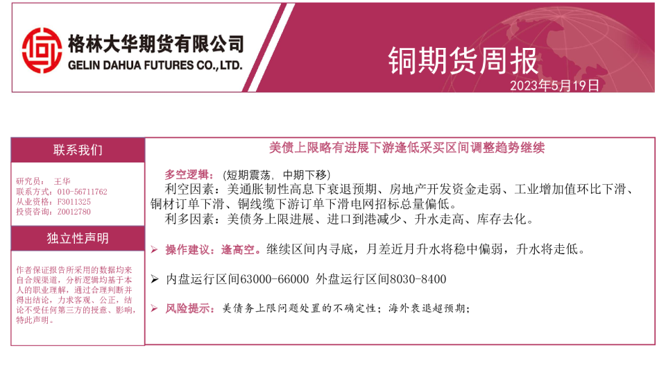 铜期货周报：美债上限略有进展下游逢低采买区间调整趋势继续