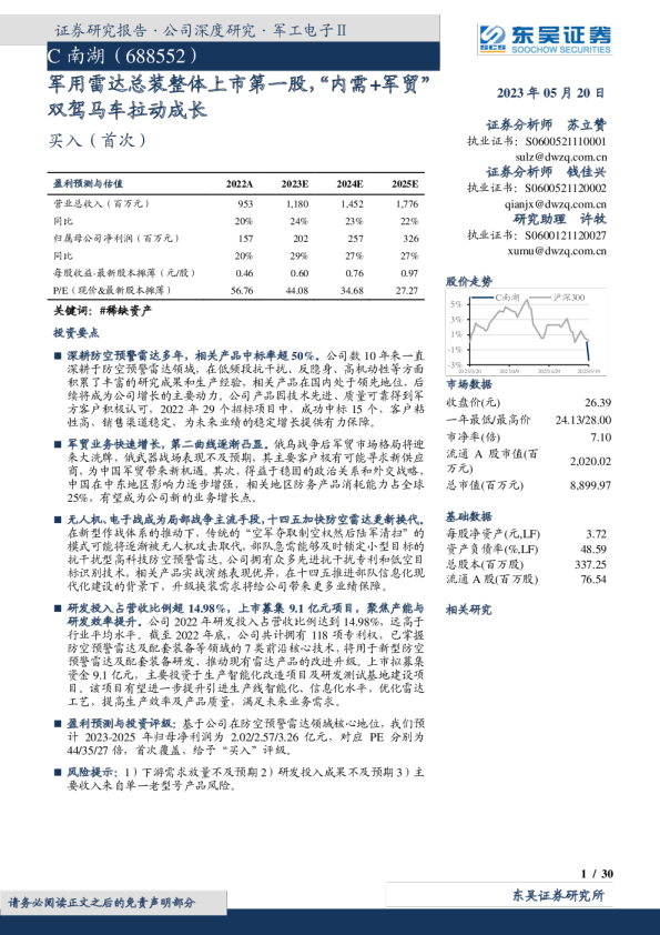 军用雷达总装整体上市第一股，“内需+军贸”双驾马车拉动成长