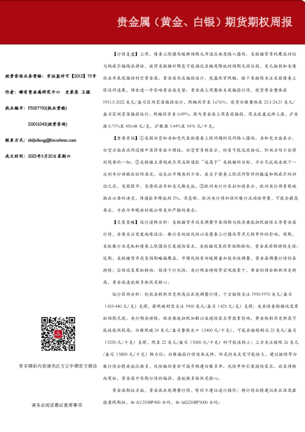 贵金属（黄金、白银）期货期权周报