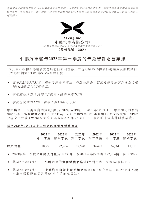小鹏汽车一季度报告