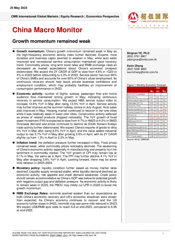 中国宏观监测 – 增长势头依然疲软