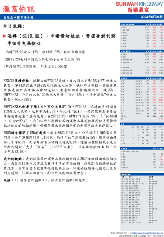 汇富快讯：香港及中国市场日报