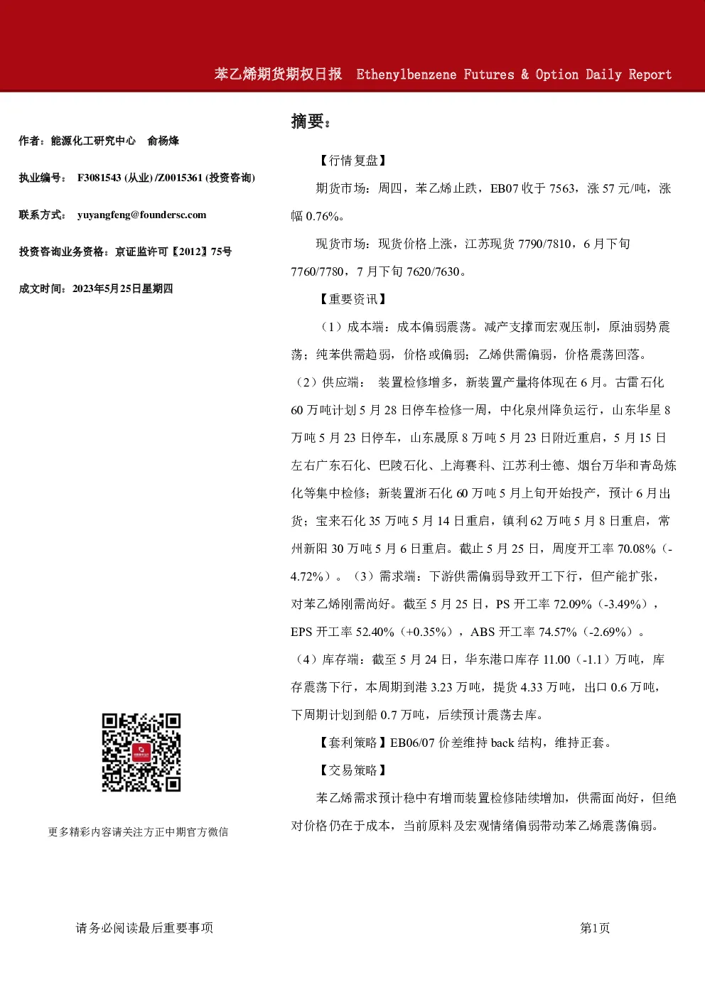 苯乙烯期货期权日报