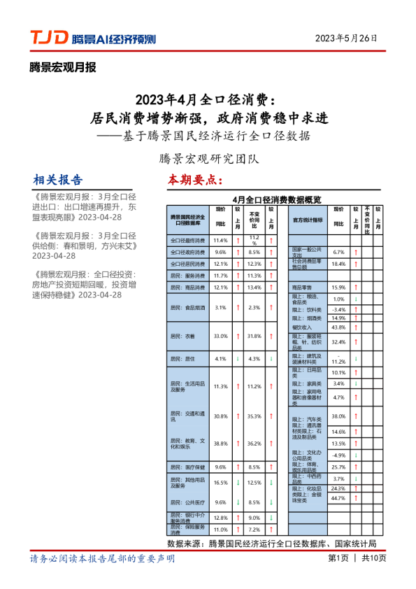宏观月报：2023年4月全口径消费：居民消费增势渐强，政府消费稳中求进