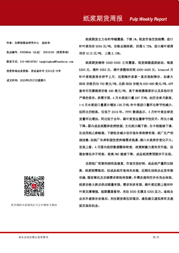 纸浆期货周报