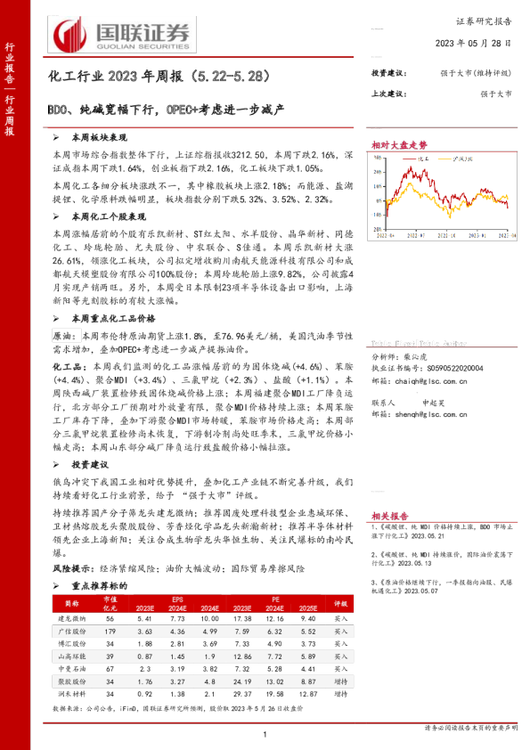 化工行业2023年周报：BDO、纯碱宽幅下行，OPEC+考虑进一步减产