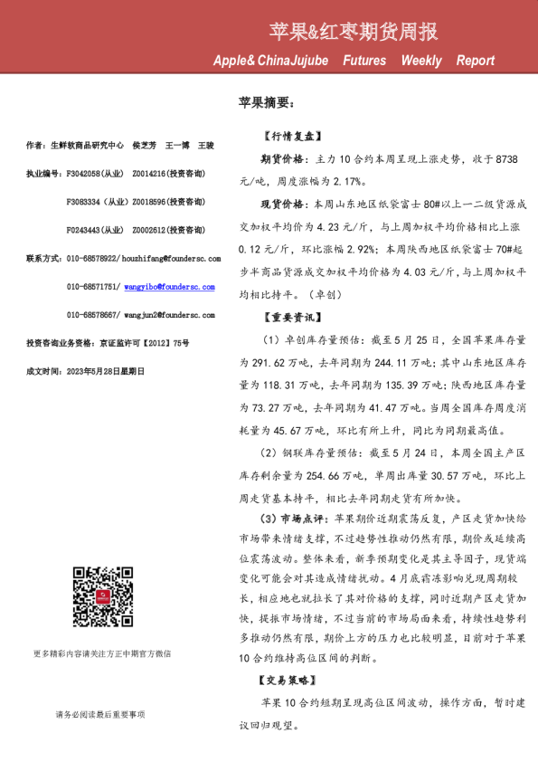 苹果&红枣期货周报