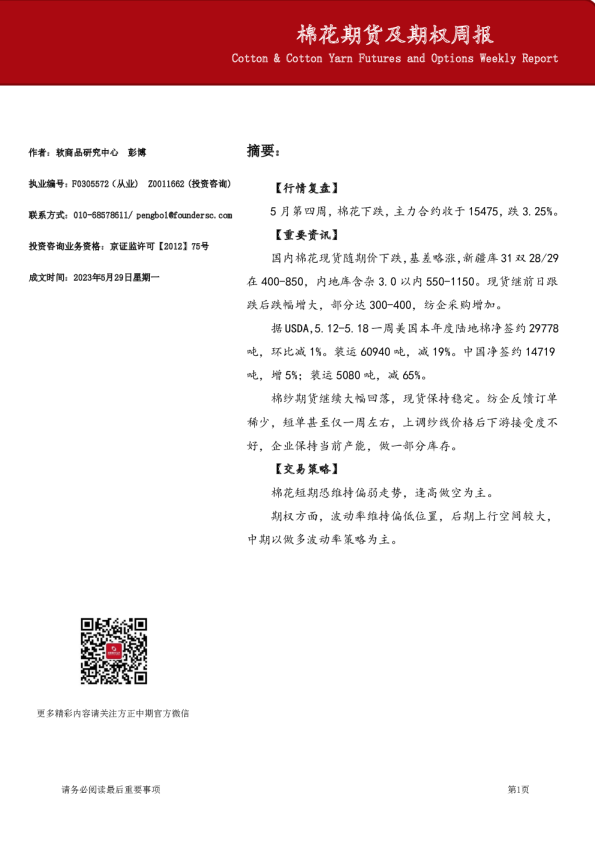 棉花期货及期权周报