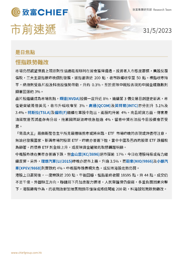 市前速递：恒指跌势难改