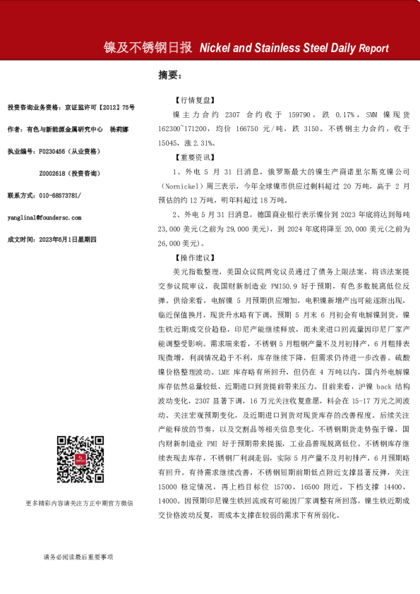 镍及不锈钢日报