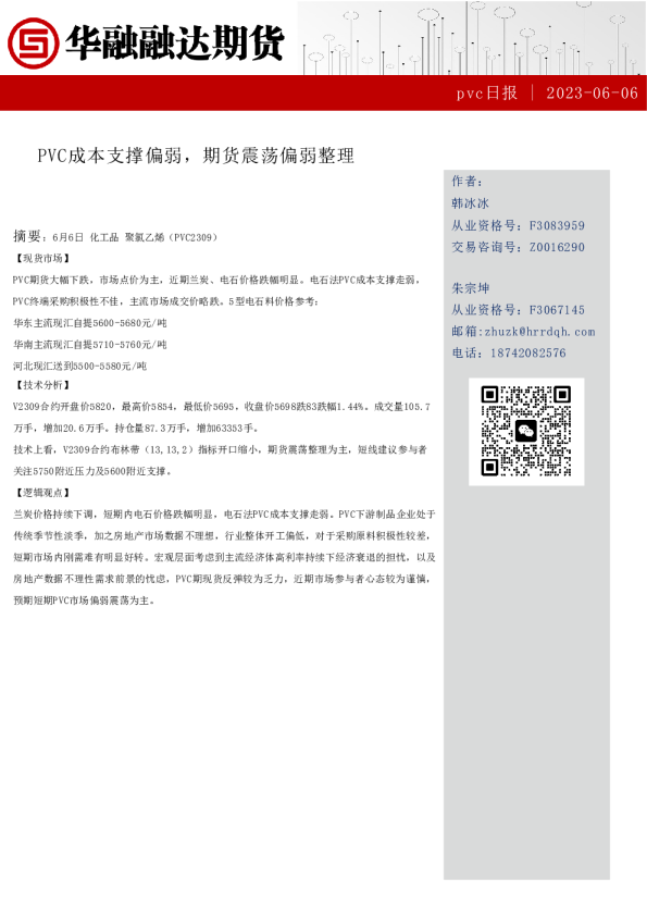 PVC成本支撑偏弱，期货震荡偏弱整理