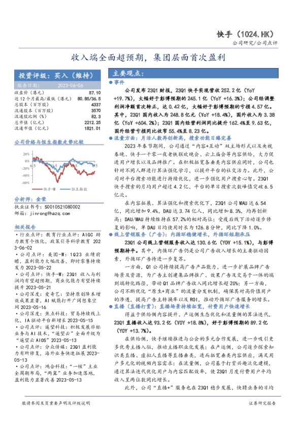 收入端全面超预期，集团层面首次盈利
