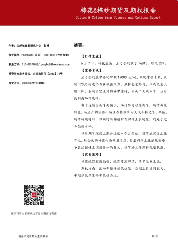 棉花&棉纱期货及期权报告