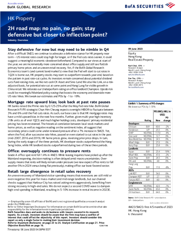 香港地产 ： 2H 路线图 ： 没有痛苦 ， 就没有收获 ； 保持防守 ， 但更接近拐点 ？