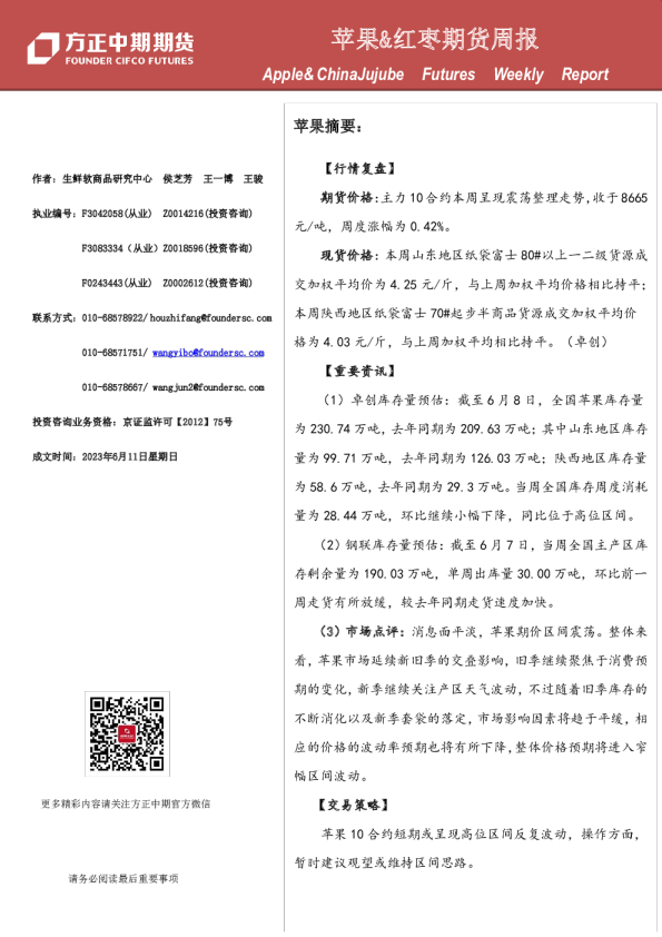 苹果&红枣期货周报