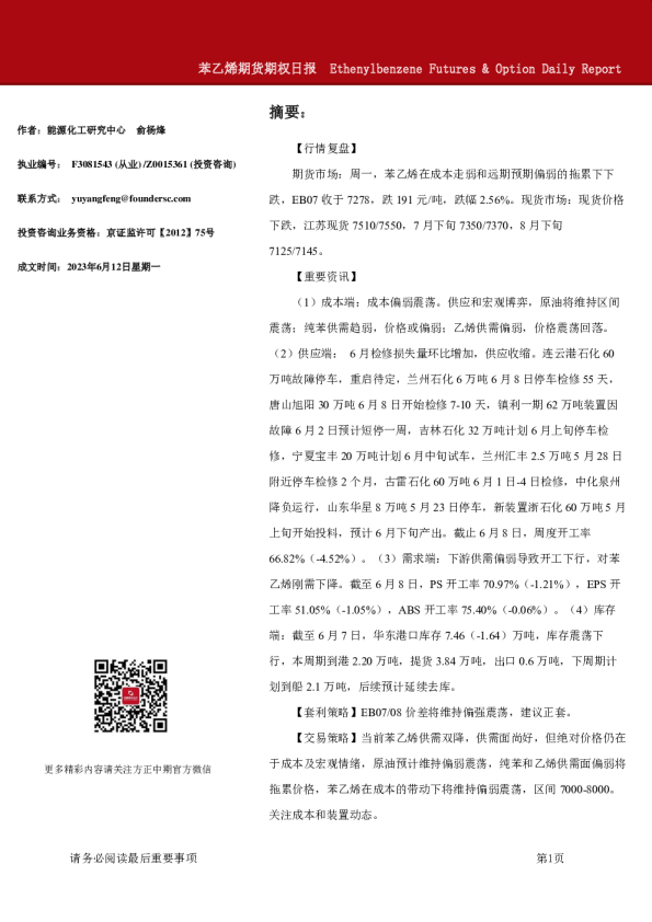 苯乙烯期货期权日报