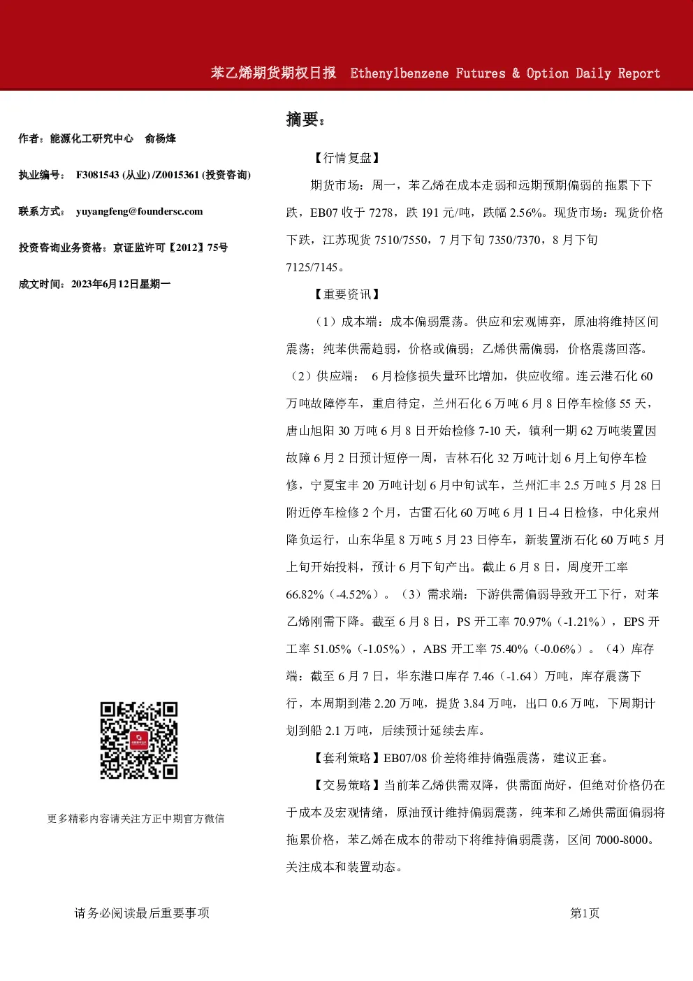 苯乙烯期货期权日报