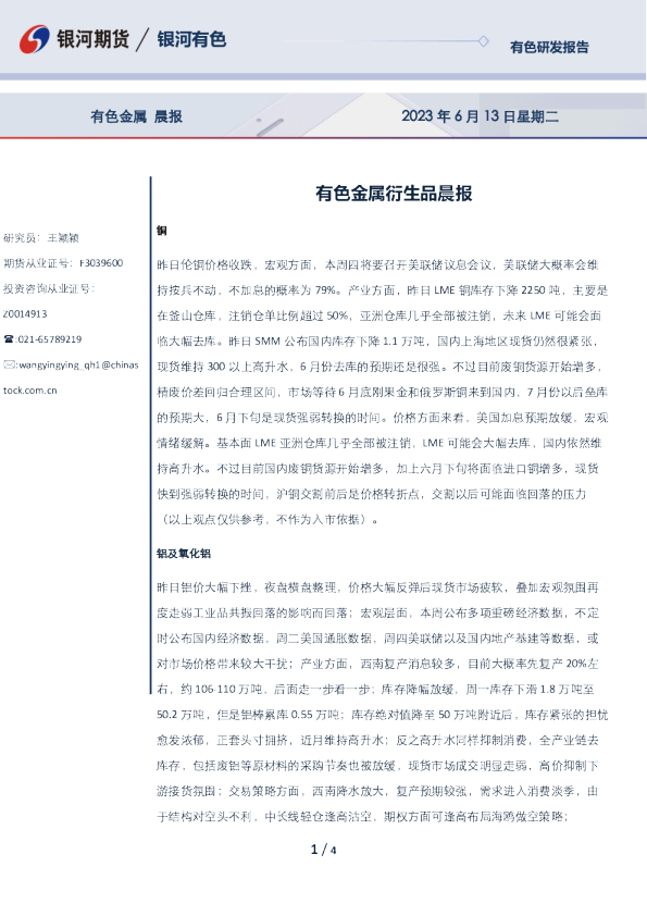 有色金属衍生品晨报