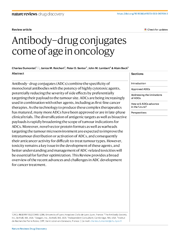 抗体 药物偶联物在肿瘤学中的成熟