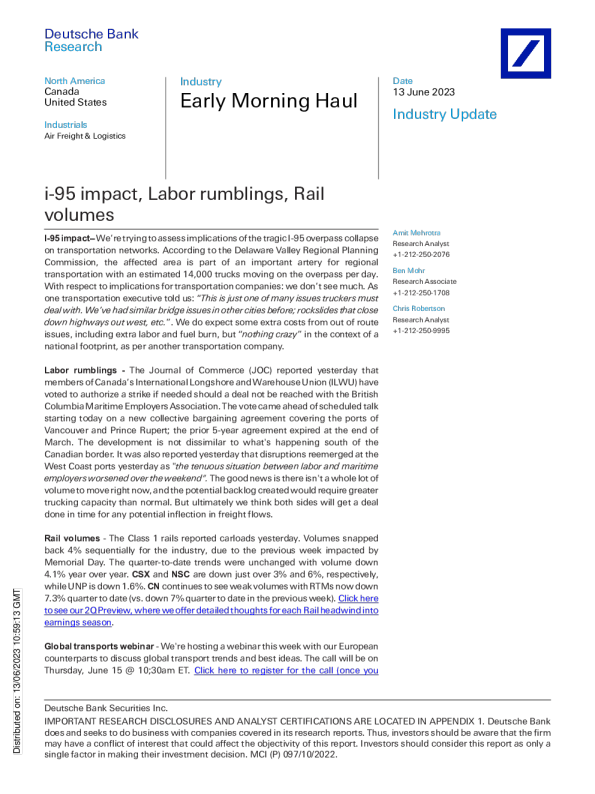 清晨运输 ： i - 95 冲击 ， 劳工隆隆声 ， 铁路价格