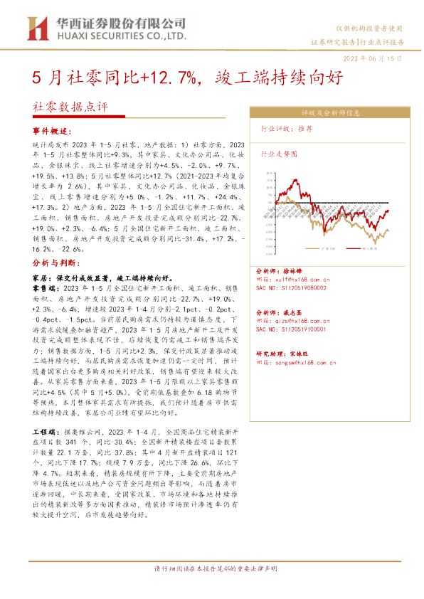社零数据点评：5月社零同比+12.7%，竣工端持续向好