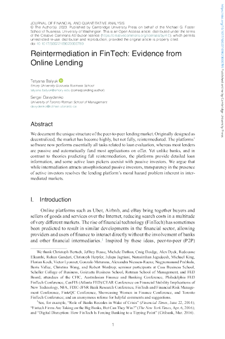 金融科技的再中介：来自在线借贷的证据
