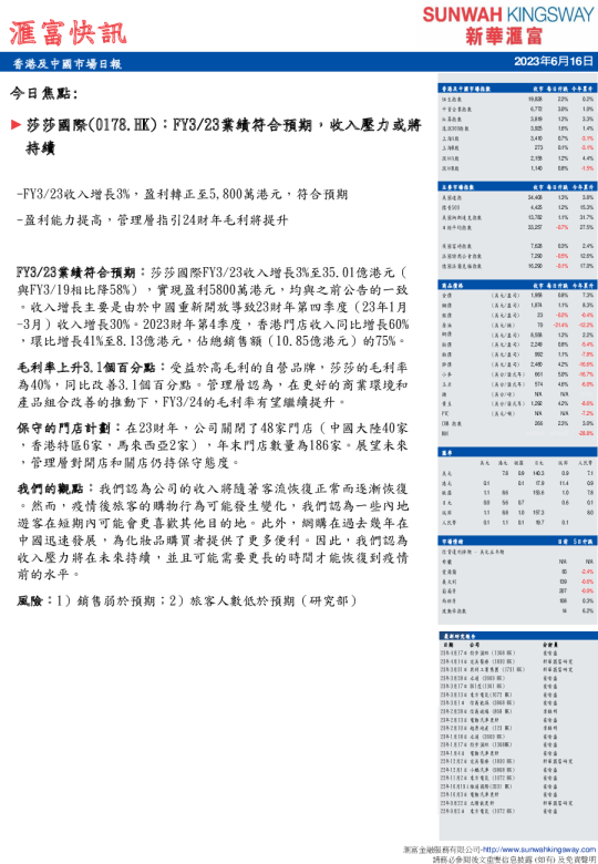 汇富快讯：香港及中国市场日报