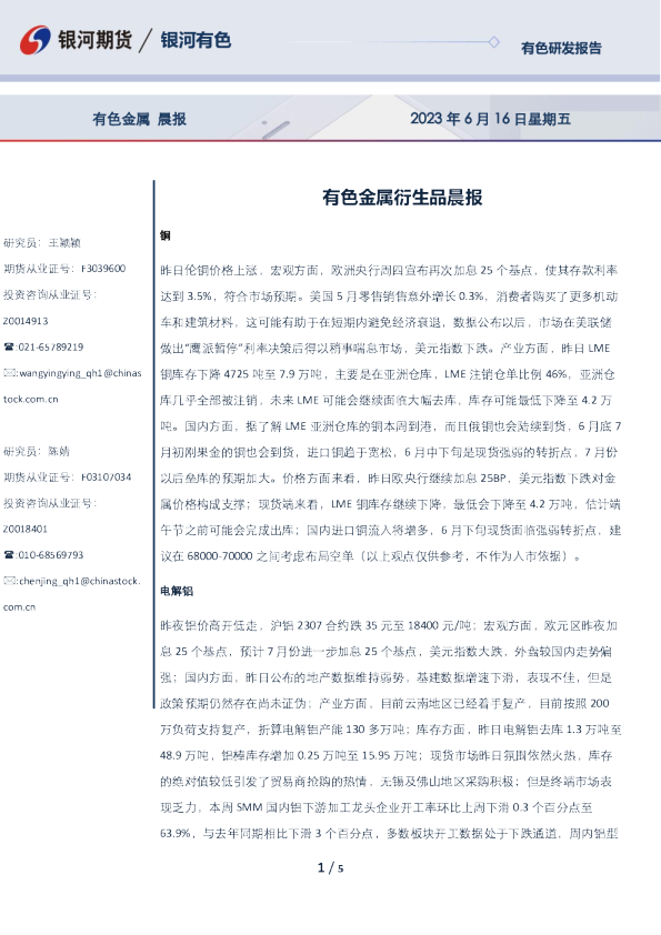 有色金属衍生品晨报