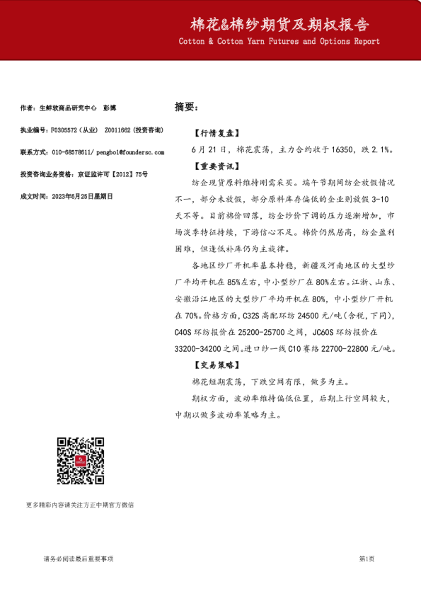 棉花&棉纱期货及期权报告