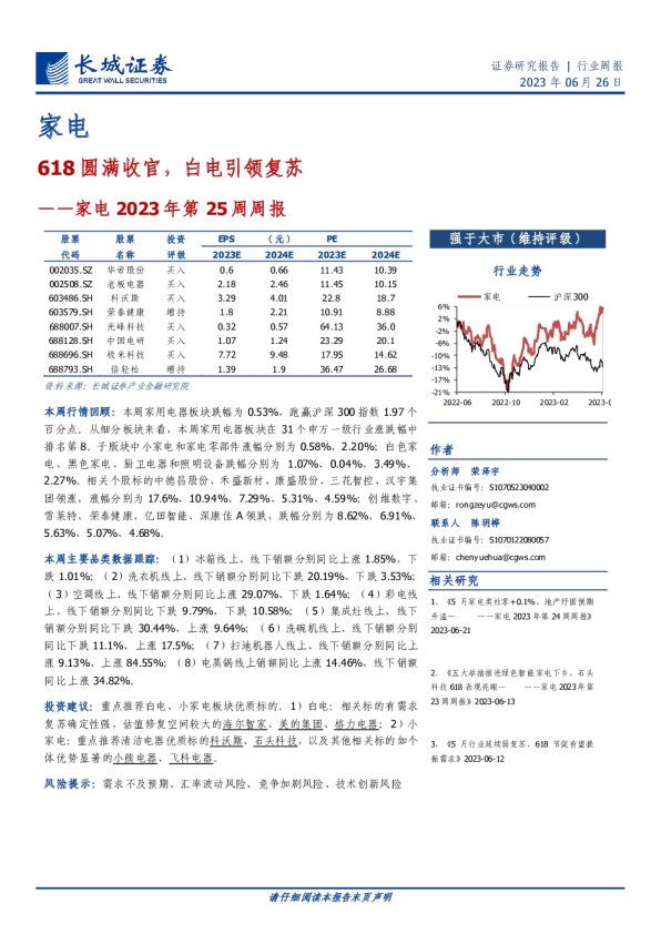 家电2023年第25周周报：618圆满收官，白电引领复苏